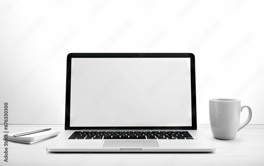Fototapeta premium Notebook computer and coffee cup on white table in bright living room