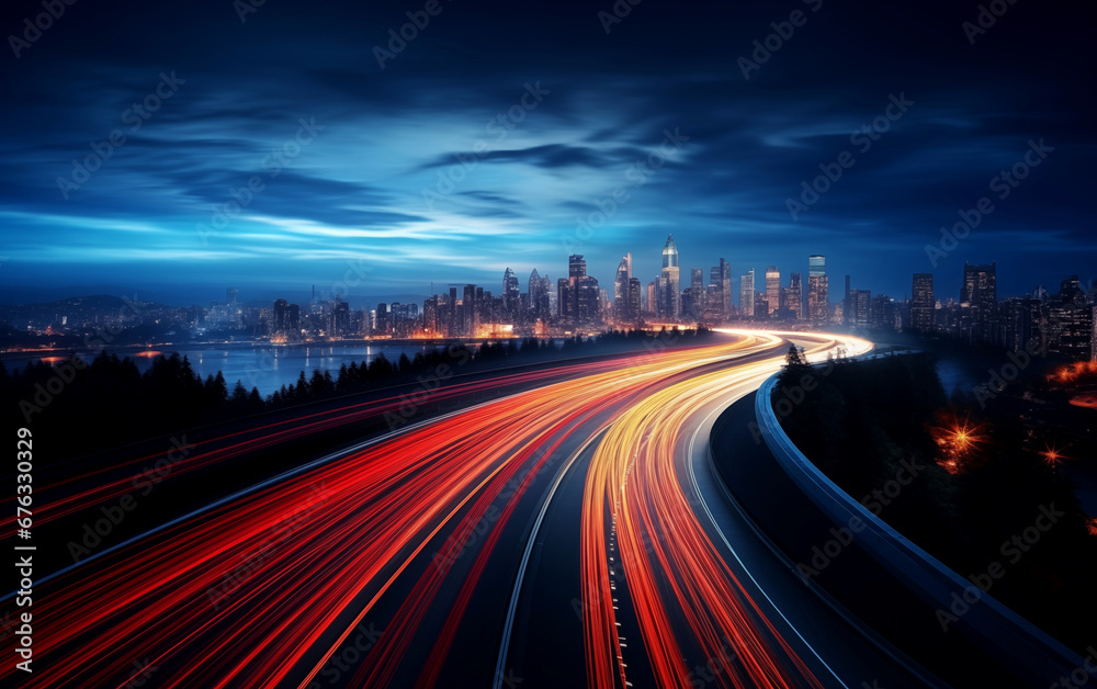 Highway in the city at night with fast moving car light trails