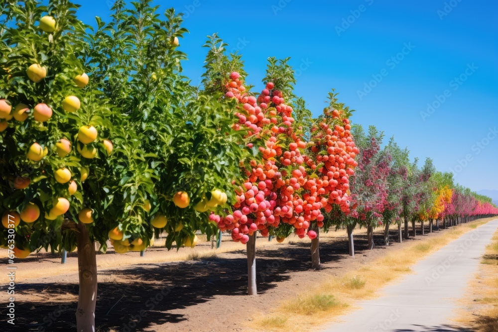 Colorful rows of fruit trees