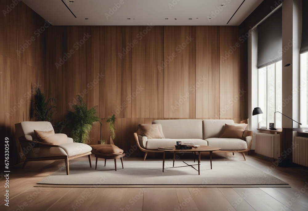 Brown chair and beige sofa against the window in a spacious room with wooden paneling wall Scandinavian style Brown chair and beige sofa against the window in a spacious room with wooden paneling wall Scandinavian style