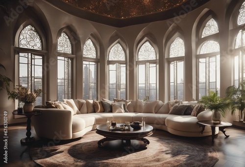 Luxury eastern interior design of modern living room with carved furniture and arched windows