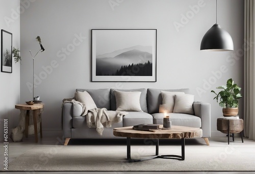 Wood stump coffee table near grey sofa against white wall with poster frame Scandinavian nordic home