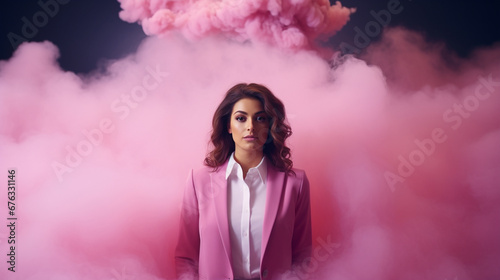 A business lady in pink on a background of pink smoke