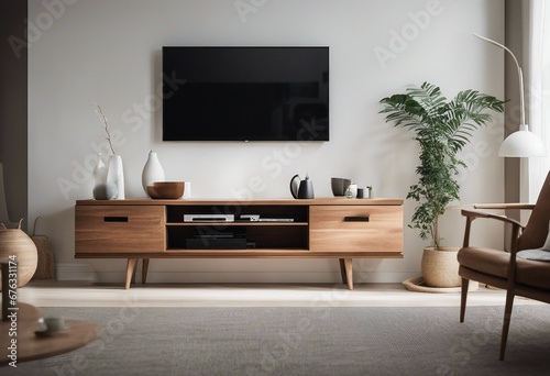 Wooden tv unit in spacious room Scandinavian home interior design of modern living room