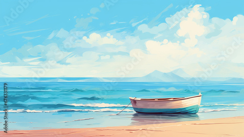 Painting of a lonely boat on the seashore © frimufilms