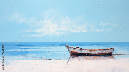 Painting of a lonely boat on the seashore