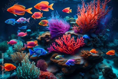 A neon underwater world with abstract coral reefs and liquid fish in a dance of colors