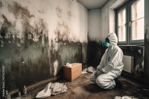 person with full body protection suit investigates mold infestation in apartment photo