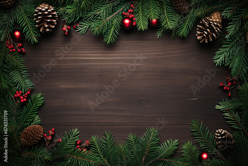 Christmas background with fir branches and cones, copy space, Christmas banner 
