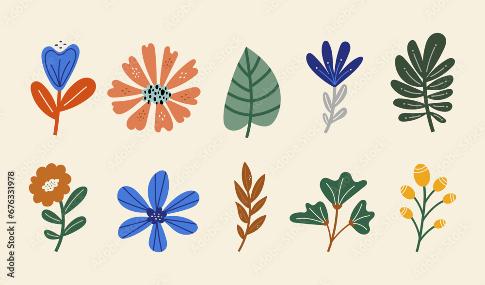 Set of vector silhouettes of bright leaves and original flower. Isolated on a white background. Drawing sketches of leaves. Silhouettes of flower flora. 