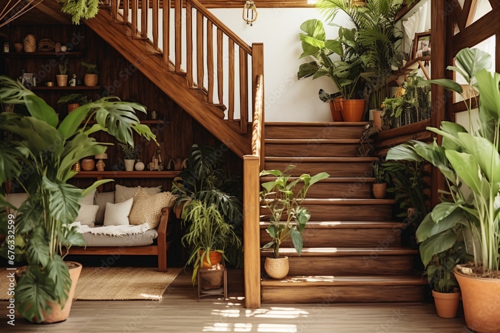 A tropical-themed room with a wooden staircase and indoor plants
