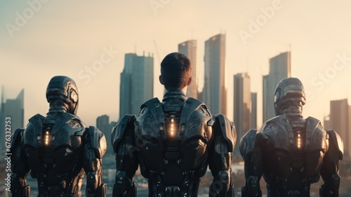 army of robots is approaching a big city. invasion of military robots. Dramatic apocalypse super realistic concept. Future. photo