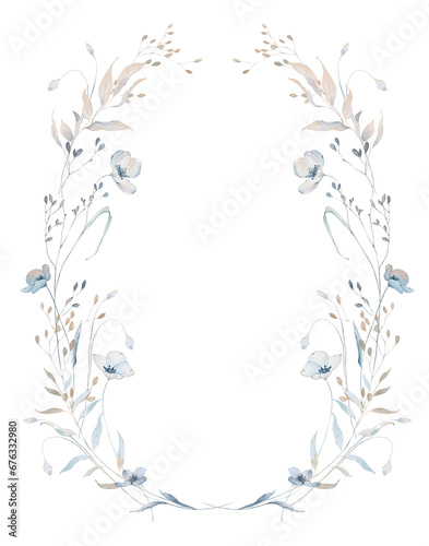 Watercolor winter floral frame with frozen flowers and plants