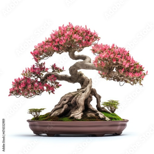 Bonsai tree on pot has slight red flowers, isolated white background
