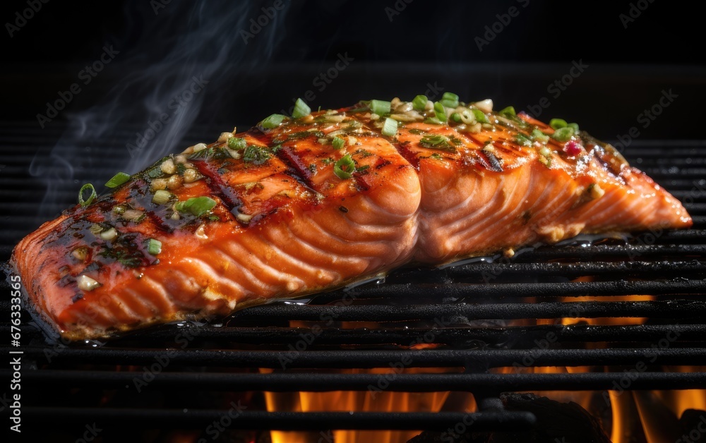 Salmon fillet grilled on a charcoal grill with a low heat, healthy food Salmon fillet grilled on a charcoal grill with a low heat, healthy food