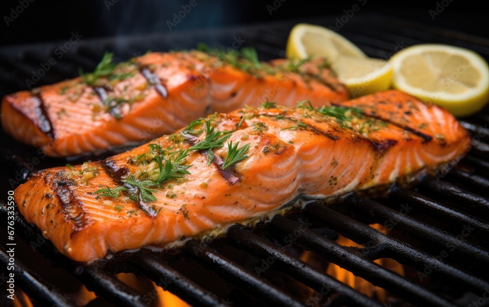 Salmon fillet grilled on a charcoal grill with a low heat, healthy food