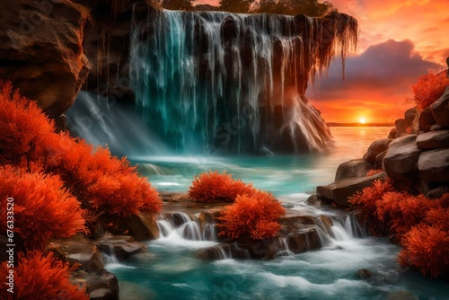 A cascading waterfall of aquamarine and coral against a fiery horizon