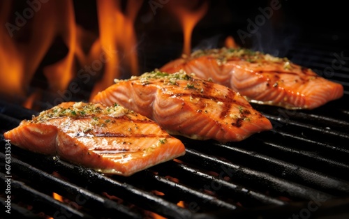 Salmon fillet grilled on a charcoal grill with a low heat, healthy food