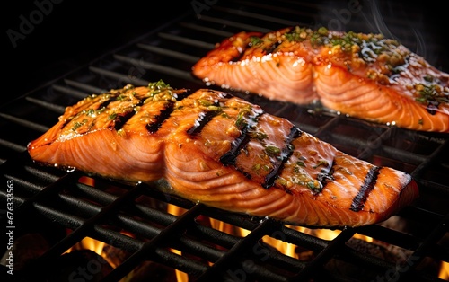 Salmon fillet grilled on a charcoal grill with a low heat, healthy food
