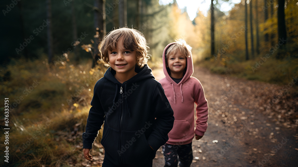 2 kids together playing in forest wearing hoodies 