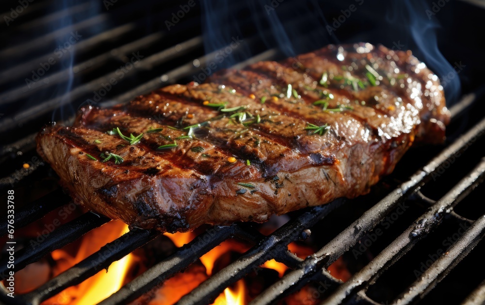 Steak grilled on the grill over an open flame.