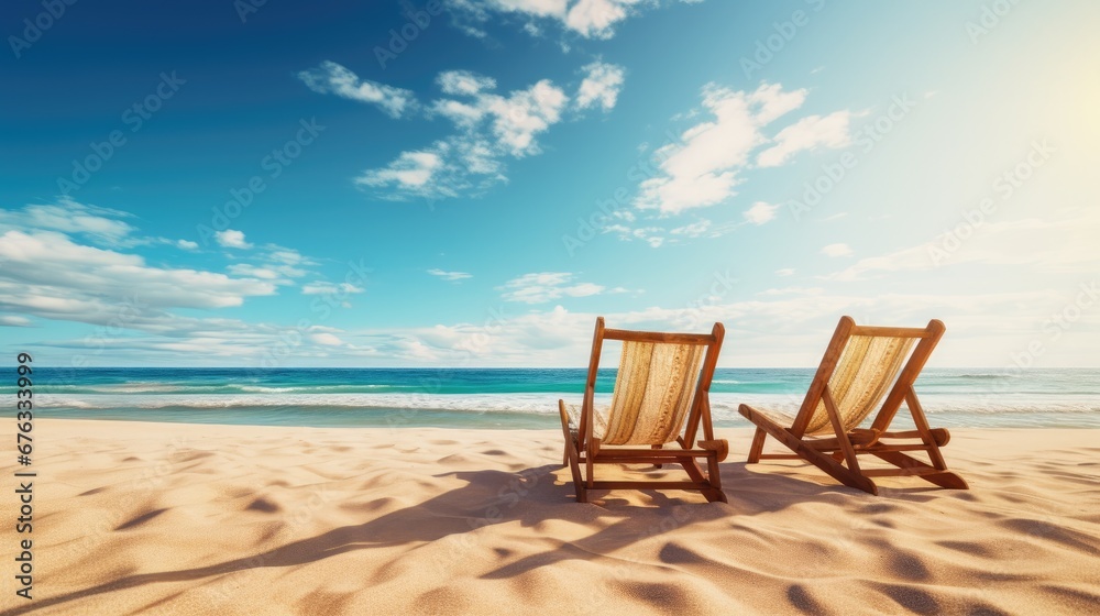 Wooden sun loungers on the sand of a deserted beach facing the sea on a beautiful day