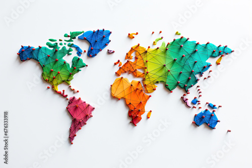 World map connected by threads and thumbtacks. Logistics concept