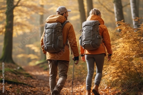 A pair of adventurers embark on a journey through a forest painted with autumn’s vibrant hues. Their backpacks and caps hint at a day spent embracing nature’s wonders © sebas