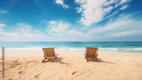 Wooden sun loungers on the sand of a deserted beach facing the sea on a beautiful day