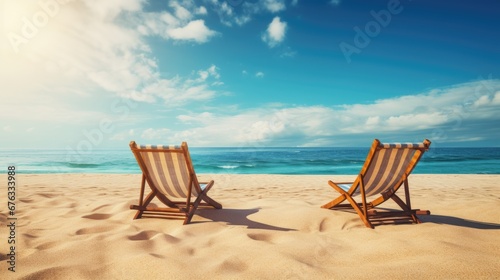 Wooden sun loungers on the sand of a deserted beach facing the sea on a beautiful day © Praphan