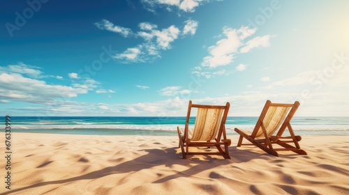 Wooden sun loungers on the sand of a deserted beach facing the sea on a beautiful day © Praphan