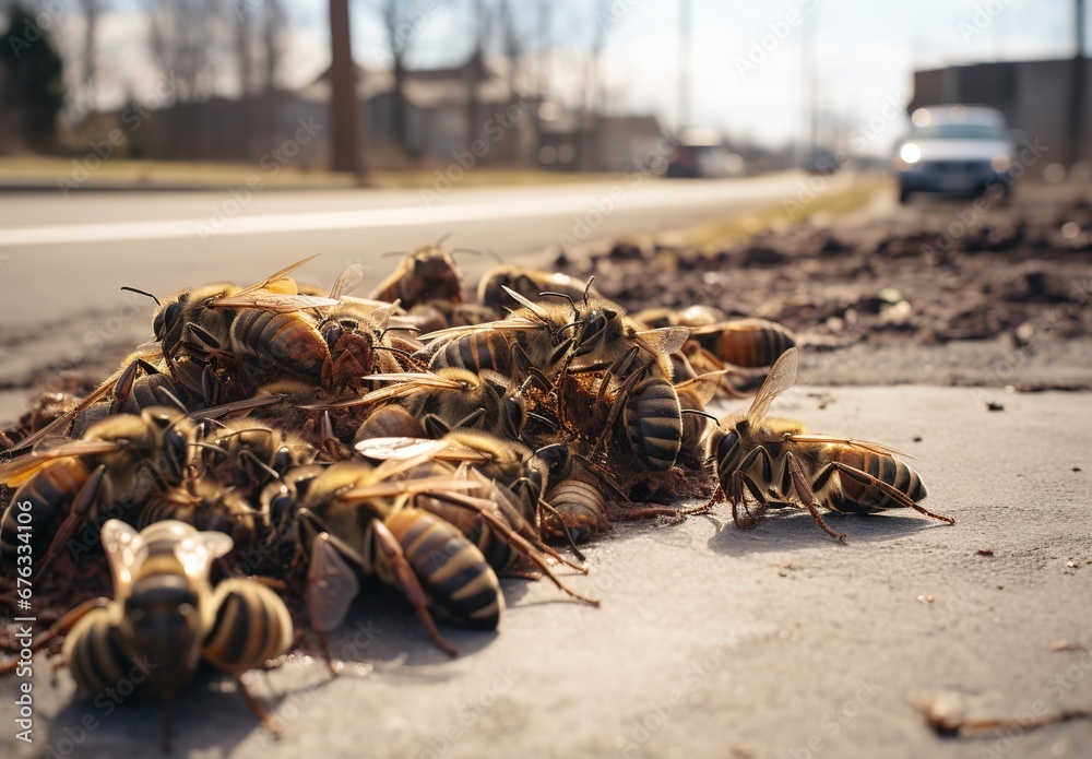 Obraz premium Dead bees on dusty road near the roadway, mass poisoning of bees concept macro photo Generative AI