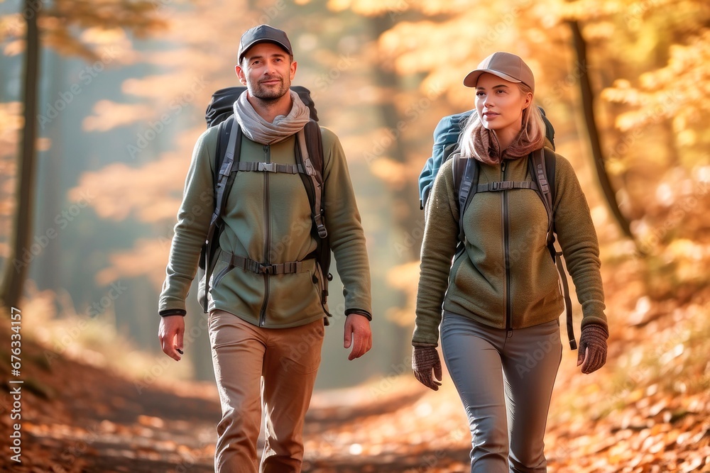 A pair of adventurers embark on a journey through a forest painted with autumn’s vibrant hues. Their backpacks and caps hint at a day spent embracing nature’s wonders A pair of adventurers embark on a journey through a forest painted with autumn’s vibrant hues. Their backpacks and caps hint at a day spent embracing nature’s wonders