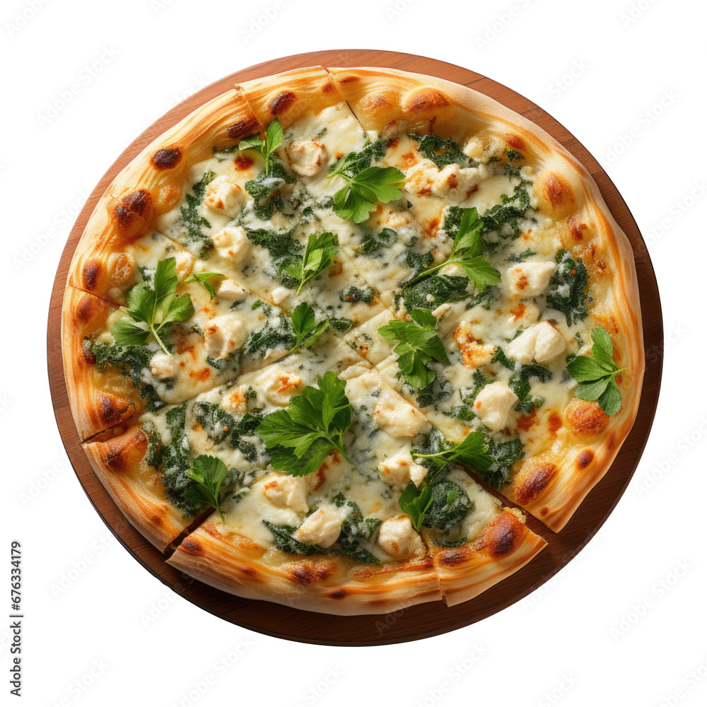 Pizza with spinach and feta cheese seen from above on transparent background. Isolated png. Generative AI Pizza with spinach and feta cheese seen from above on transparent background. Isolated png. Generative AI