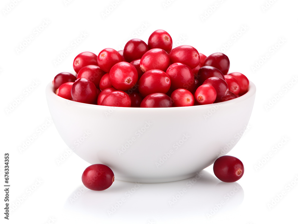 Fresh ripe cranberries in a white bowl isolated on white background Fresh ripe cranberries in a white bowl isolated on white background