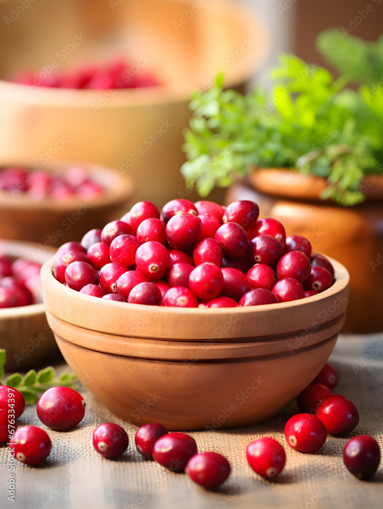 Fresh red cranberries in a wooden bowl on kitchen table, blurred background Fresh red cranberries in a wooden bowl on kitchen table, blurred background