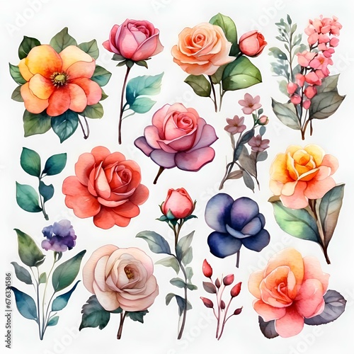 Watercolor Floral Bouquet Set - Elegant Flower Illustrations on a White Background