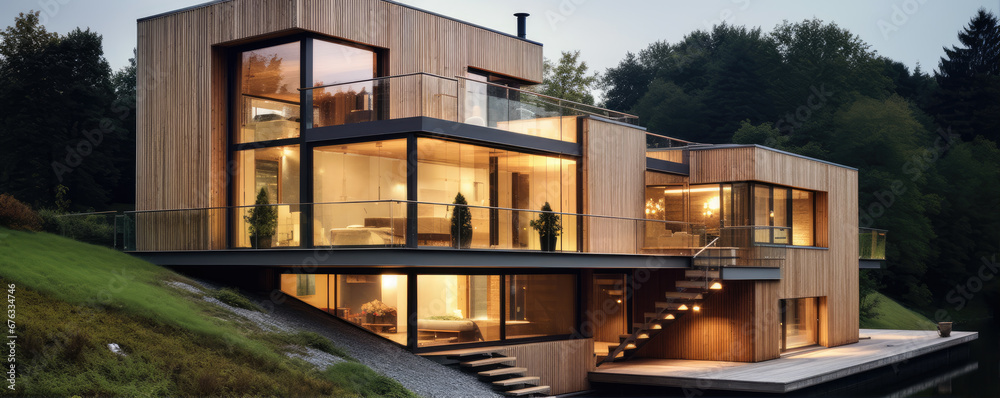 Modern wooden house with big windows in sunny country. Modern wooden house with big windows in sunny country.
