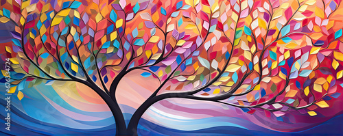 Colorfull tree or rainbow leaves on wide banner. copy space for text.
