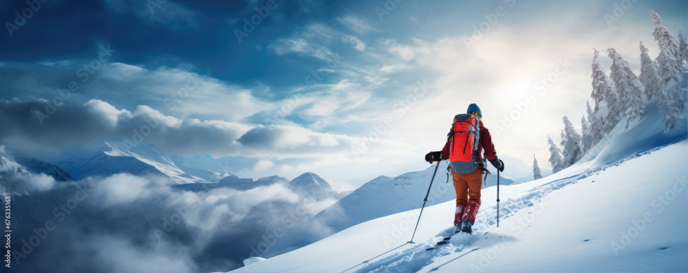 Ski walking or touring in winter alpine moutains.