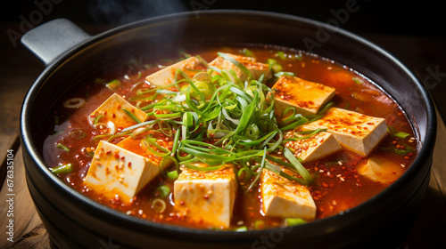 The Korean dish Sundubu jjigae is a thick tofu soup with seafood or meat. photo