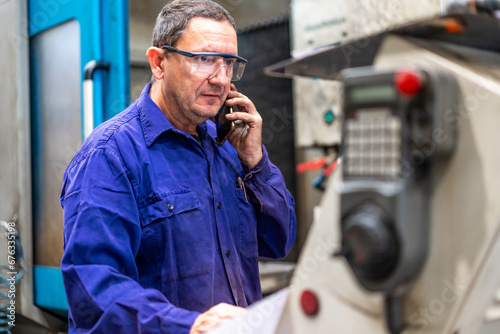 Factory worker operator in the numerical control sector talking on the phone with a client, metal industrial factory photo