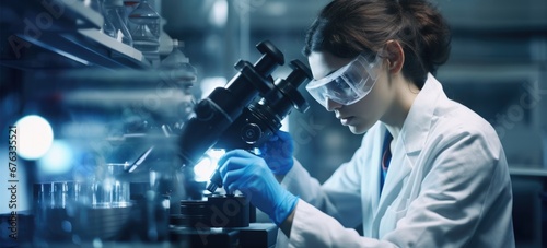 Beautiful girl lab technician looking through microscope, lab, banner photo