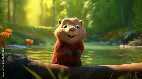 Adorable Solo Beaver in a Lush Forest: A Whimsical Kid's Illustration