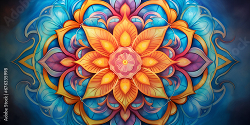 Mandalas Meditation Image Brightly colored floral design on a dark background : Colorful Mandalas for Meditation Ai Generative