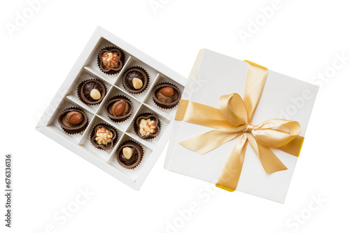 Chocolate candy in a box with a colored bow. Gift box with Chocolates isolated on white top view © sosiukin