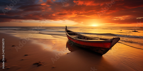 A boat on the shore of a beach Fishing boat on the beach at sunset Boat At Sunset Image with clouds on background Ai Generative © Hafiz