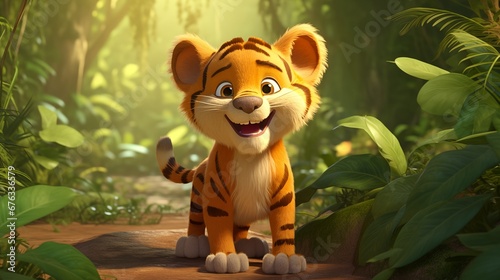 Beautiful full-body shot of a solitary cute tiger enjoying the sunny day in the lush jungle