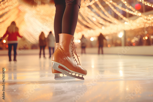 Girl glides in skates at the city ice rink