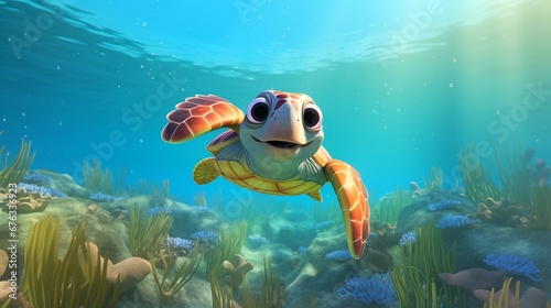 Adorable Turtle Swims in the Deep Ocean: A full-body Kid's Illustration in Natural Aqua Environment photo